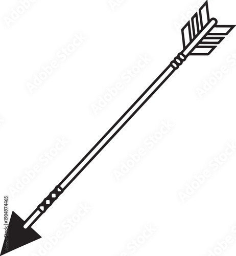 Black outline of a single arrow with fletching and arrowhead on a white background also transparent background