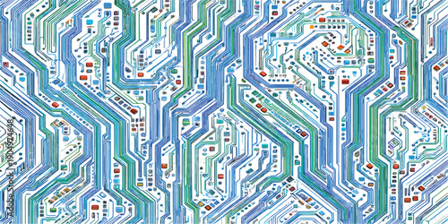 Seamless abstract pattern featuring a digital circuit board design with blue lines and electronic microchip elements on a high-tech motherboard texture