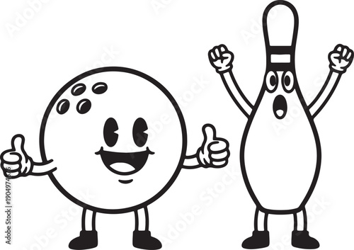 Cartoon bowling ball and pin characters giving thumbs up and celebrating with raised fists also transparent background
