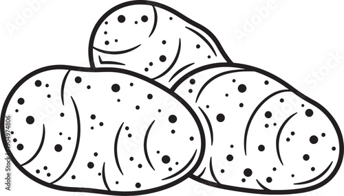 Three black and white outline of potatoes with dark spots and curved lines also transparent background