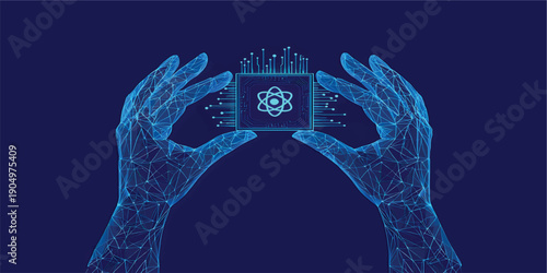 Two Digital Hands Holding AI chip with nuclear atom icon with circuit. Blue Low Poly Wireframe Illustration on Dark Blue Background. Science and Technology Innovation Concept. Vector illustration.