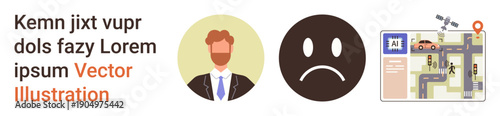 Communication, emotions, navigation, wayfinding, business concepts, professional identity. Businessman portrait, sad emotion and road map with icons. Communication and emotions focus highlighting