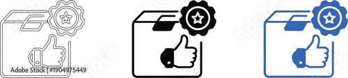 Product quality guarantee and delivery box icon with thumbs up and star medal for e-commerce and logistics