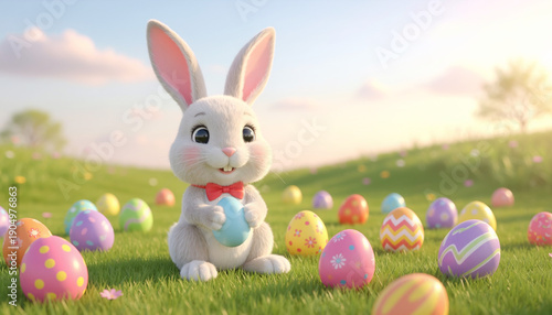 A white bunny with a red bow tie sits in a field of colorful easter eggs under a bright sky with distant trees visible