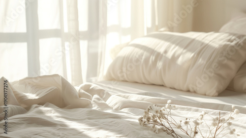 Cozy morning bedroom with soft sunlight and white bedding