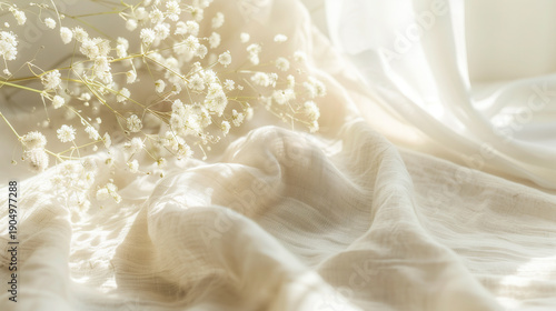 Spring morning wellness background with white gypsophila flowers on soft beige fabric, sunlight and shadows on linen textile, elegant aesthetic lifestyle concept