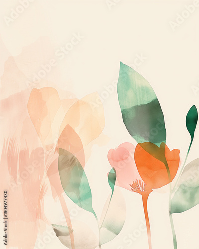 Abstract spring floral impression with soft watercolor shapes, delicate pastel flowers and leaves on light background, artistic botanical illustration