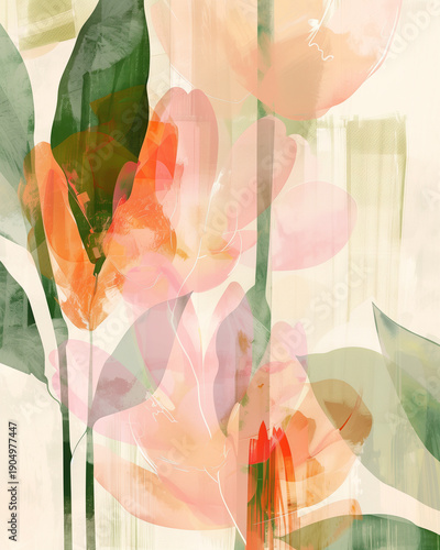 Abstract spring floral impression with soft watercolor shapes, delicate pastel flowers and leaves on light background, artistic botanical illustration