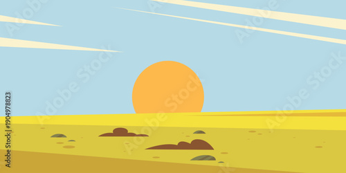 Minimal desert landscape with rising sun and wide horizon. Modern flat illustration in warm yellow and blue tones, symbolizing freedom, travel and open space.