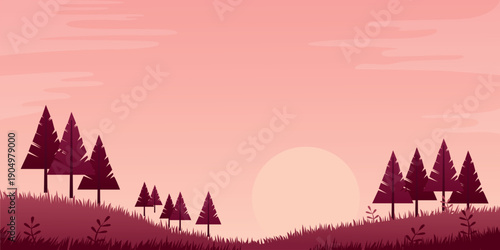Minimal forest landscape with rolling hills and soft sunset light. Modern flat illustration in warm pastel tones, expressing calm, harmony and connection with nature. 