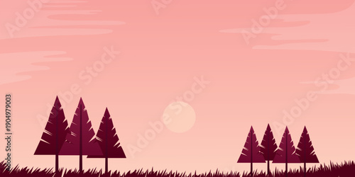 Minimal forest landscape with tree silhouettes and soft sunset light. Modern flat illustration in warm pastel tones, conveying calm, balance and harmony with nature. 