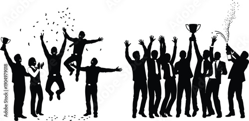 A group of people celebrating with raised arms and a trophy in a black silhouette illustration
