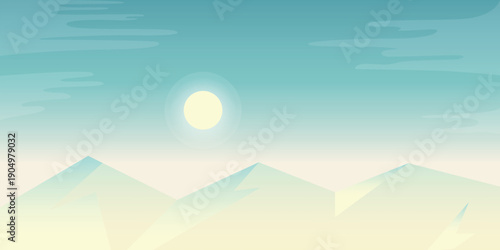Minimal mountain landscape with soft sunlight and pastel gradient sky. Modern flat illustration in warm tones, conveying calm, optimism and serenity.
