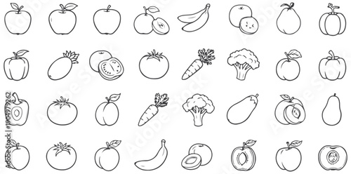 A collection of various fruits and vegetables in a simple line drawing style
