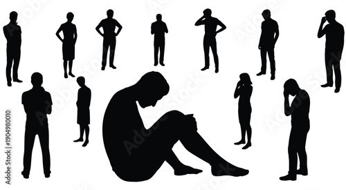 Loneliness amidst a crowd of people in a public setting isolated on white background, Vector, illustration