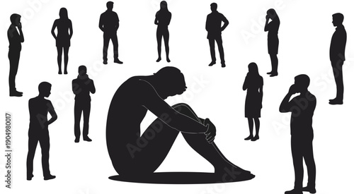 A lone person surrounded by silhouettes of onlookers in a moment of isolation and distress isolated on white background, Vector, illustration