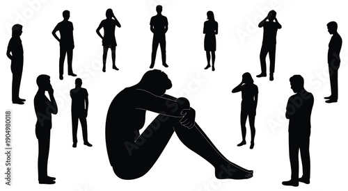 A lone individual sits isolated amidst a crowd of indifferent silhouettes isolated on white background, Vector, illustration