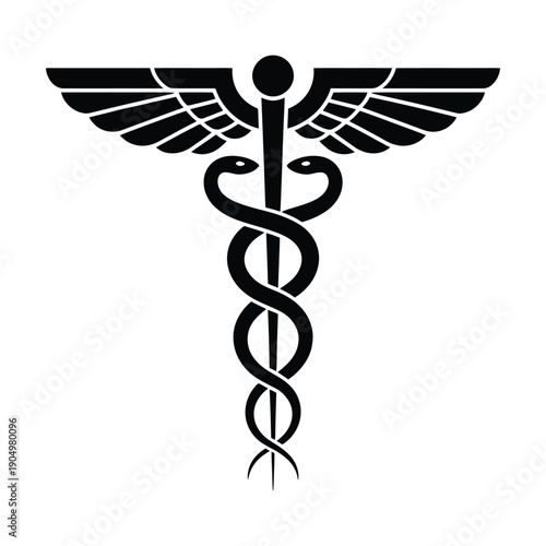 The iconic caduceus symbol representing medicine and healthcare professions globally isolated on white background, Vector, illustration