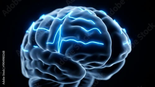 Glowing blue human brain illustration on black background.