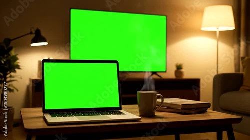 Cozy living room with laptop and green screen television.