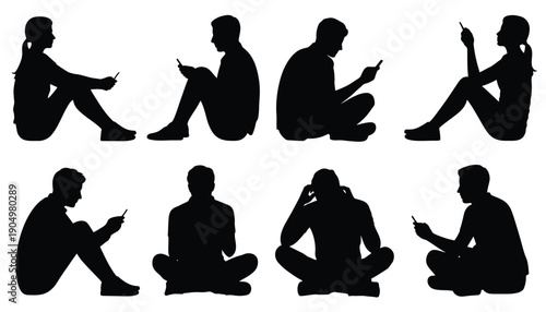 Silhouettes of people engaged with mobile devices in various relaxed postures isolated on white background, Vector, illustration