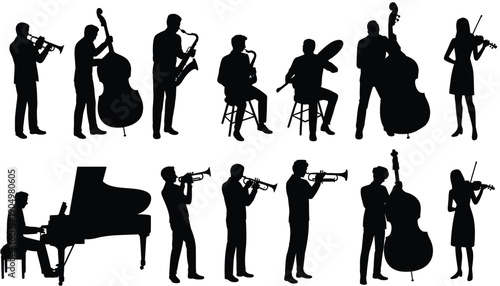 Silhouettes of musicians playing various instruments in an orchestra setting isolated on white background, Vector, illustration