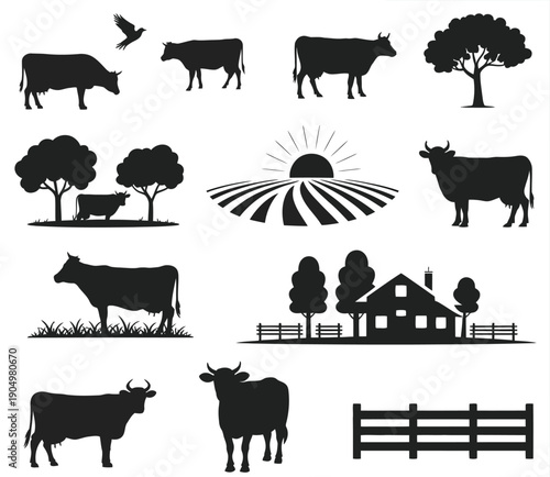 Silhouettes of farm animals and rural countryside elements under the sunrise isolated on white background, Vector, illustration