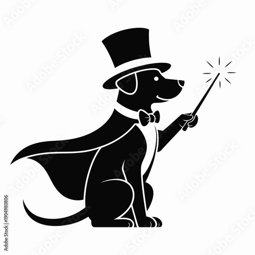 A whimsical magician dog performing a trick with a sparkle wand isolated on white background, Vector, illustration