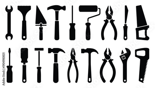 Assorted black and white illustrations of various hand tools and hardware implements isolated on white background, Vector, illustration