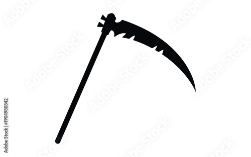A traditional scythe with a curved blade and long wooden handle isolated on white background, Vector, illustration