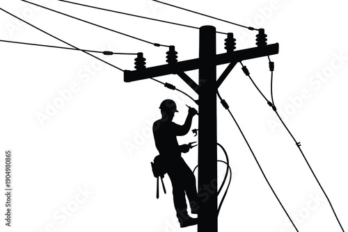 Electrician working diligently on a utility pole under power lines. isolated on white background, Vector, illustration