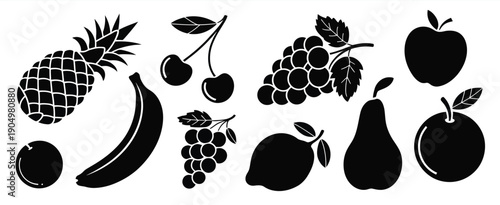Black and white illustration of various tropical and temperate fruits in silhouette isolated on white background, Vector, illustration
