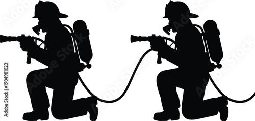 Two divers in scuba gear kneeling and communicating underwater with a connecting hose. isolated on white background, Vector, illustration