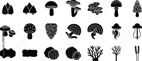 A collection of black and white silhouette icons representing various types of mushrooms and fungi