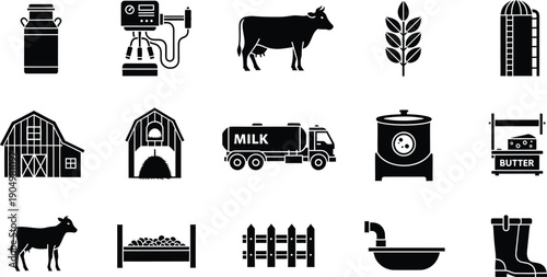 A comprehensive set of black and white icons illustrating key elements of dairy farming and agricultural processes.