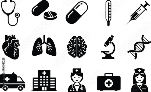 A set of medical icons representing various aspects of healthcare, including tools, anatomy, and facilities