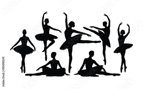 Graceful ballet dancers in various poses against a plain background isolated on white background, Vector, illustration