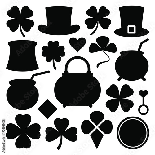 Collection of iconic symbols associated with irish culture and luck isolated on white background, Vector, illustration