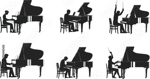 Evolution of a pianist from practice to performance in eight distinct moments isolated on white background, Vector, illustration