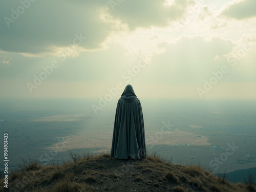 Eine einzelne verhüllte Person blickt auf eine unbekannte Welt hinaus. Das Bild vermittelt Nachdenken, Aufbruch und Identifikation ohne feste Rolle.KI Generiert