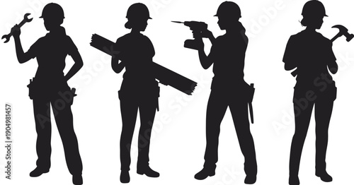 Four silhouettes of security personnel holding different types of equipment. isolated on white background, Vector, illustration