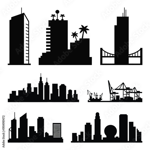 Silhouettes of diverse urban cityscapes and infrastructure landmarks in black and white isolated on white background, Vector, illustration