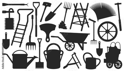 Assorted vintage-style gardening and yard tools in black and white illustration isolated on white background, Vector, illustration