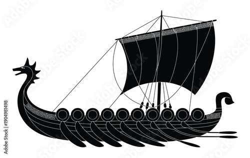 Ancient viking longship sailing on open seas with elaborate dragon prow designs isolated on white background, Vector, illustration
