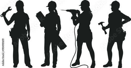 Four professionals engaged in distinct technical and maintenance tasks using specialized tools isolated on white background, Vector, illustration