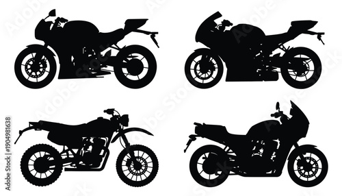 Four distinct motorcycle silhouettes displayed in black and white contrast. isolated on white background, Vector, illustration