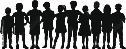Group of diverse silhouetted children standing together in unity isolated on white background, Vector, illustration