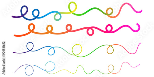 Set of colorful curly ribbon border elements with vibrant rainbow gradient and thin strokes