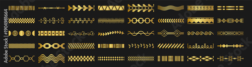 Gold decorative ornamental borders and dividers vector set, geometric and classic design elements on transparent background