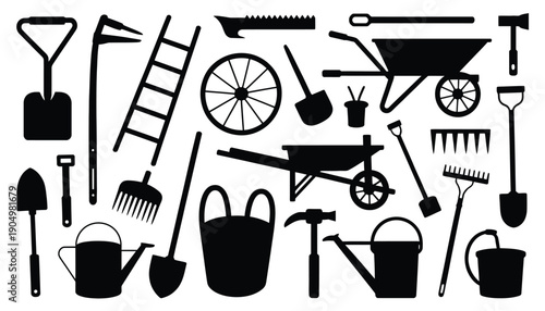 Assorted black and white garden and yard tools collection illustration isolated on white background, Vector, illustration